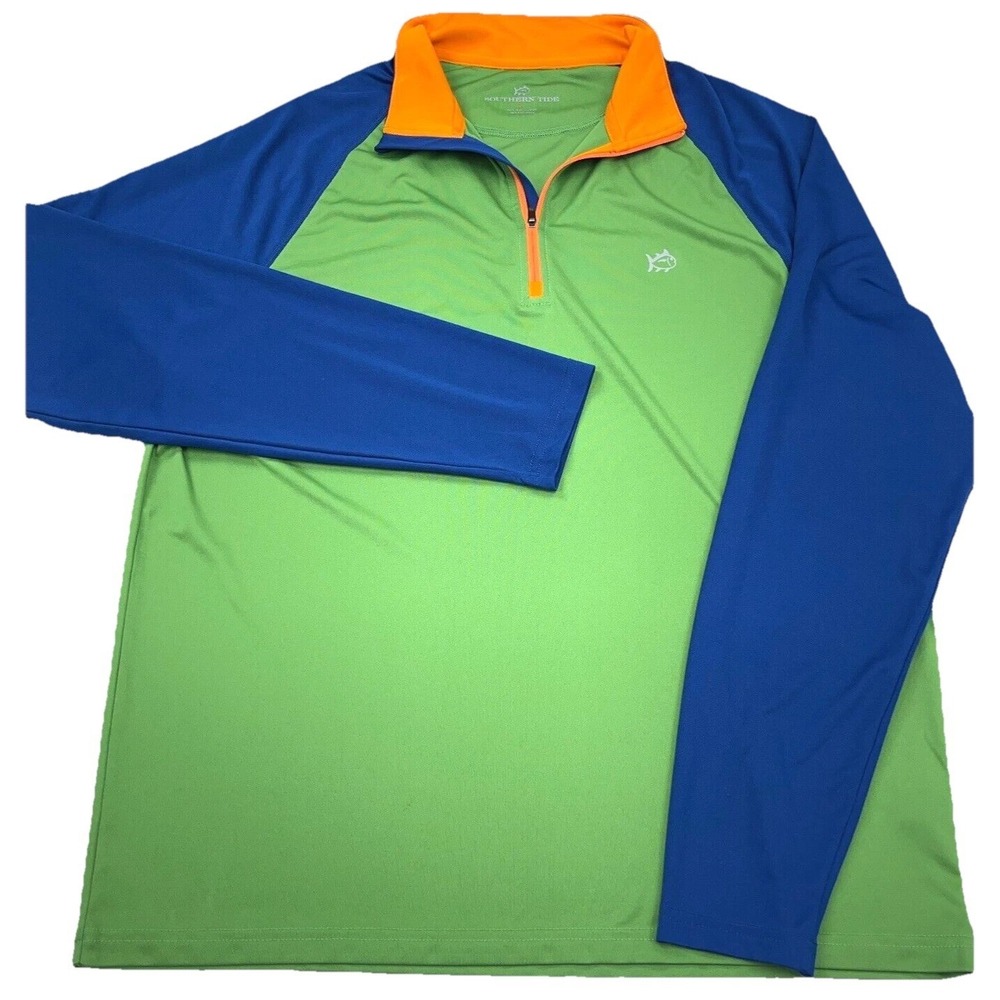 Southern Tide Shirt Men Large Green Blue Tee Pullover Quarter Zip Performance *